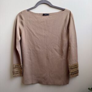 Zara Knit Womens Sweater Boat Neck Beaded Gems Light Brown  Size L